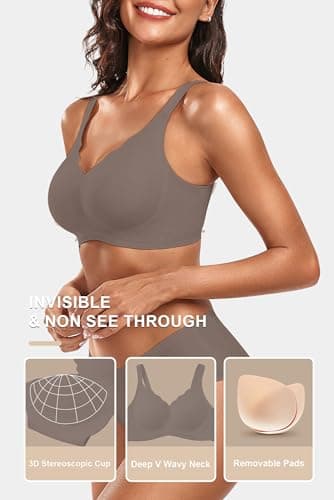 Vertvie Womens Seamless Bras No Underwire Supportive Wireless Push Up Full Coverage Bralette Comfort Scalloped T-Shirt Bra(Grey,X-Large) - Image 4