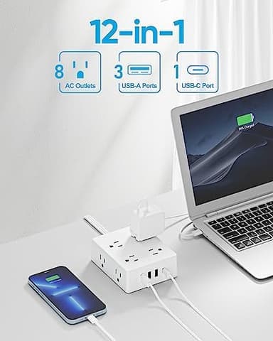 Surge Protector Power Strip 10 ft Cord, Olcorife Ultra Thin Flat Plug Extension Cord, 8 Outlets 4 USB Ports(1 USB C), Flat Plug Outlet Extender, College Dorm Room Essentials, White - Image 4