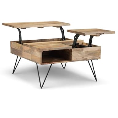 SIMPLIHOME Hunter Lift Top Coffee Table - 32 inch Wide Solid Mango Wood and Metal Industrial Square Cocktail Table in Natural, Living Room Table with Dual Lift Tops, Hidden Storage and Hairpin Legs - Image 1