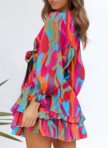 Dokotoo Fall Dresses for Women 2025 Sexy V Neck Ruffle Elegant Long Sleeve High Waist Chiffon Patterned Boho Swing A Line Mini Short Dress for Women Fall Wedding Guest Dresses Multicolor Small - Image 2