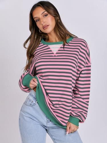 ANRABESS Women Striped Sweatshirts Oversized Crewneck Long Sleeve Shirts Y2K Pullover Top 2025 Fall Outfits Fashion Clothes Grey Pink X-Large - Image 3