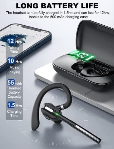 DECHOYECHO Bluetooth Headset V5.1, Wireless Headset with Battery Display Charging Case, Bluetooth Earpiece with Noise Canceling Mic for Driving, Office, Business, Compatible with Cell Phone and PC - Image 2