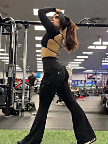 YEOREO CoreFlex Women Workout Flare Leggings with Pockets Hidden Scrunch High Waisted Cargo Gym Yoga Leggings Black XXL - Image 2
