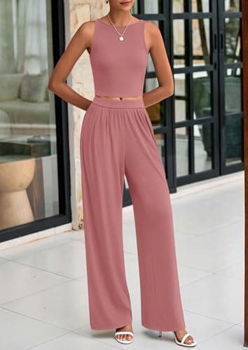 PRETTYGARDEN Spring Two Piece Sets For Women 2025 Ribbed Knit Crew Neck Sleeveless Tank Tops Wide Leg Pants Casual Lounge Set (Dusty Pink,Large) - Image 7