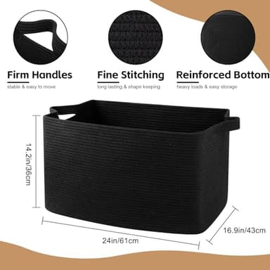 OIASKET 95L Extra Large Blanket Basket, 24" x 16.9" x 14.2" Woven Storage Basket for Living Room, Rectangle Nursery Blanket Storage for Toys, Towels, Dirty Clothes (Black) - Image 2