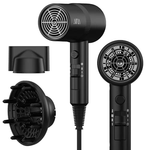 AINA Hair Dryer with Diffuser, Blow Dryer for Women | Advanced Ionic Technology, Ceramic Coating | Cold Shot Features Turbo Heat for Fast Drying and Shine 110V/ALCI (Vader Black) - Image 1