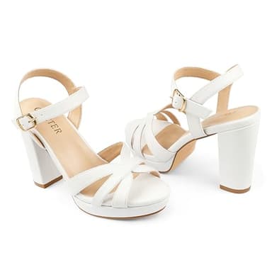 COLETER Women's Platform Chunky Heels Ankle Strap Block Heeled Sandals Party Wedding Shoes Matte White 7.5US - Image 7