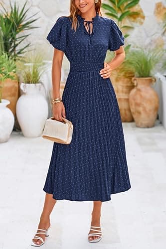 PRETTYGARDEN Summer Long Dresses for Women Puff Short Sleeve V Neck Swiss Dot Pleated A Line Casual Flowy Party Midi Dress (Navy,Large) - Image 7