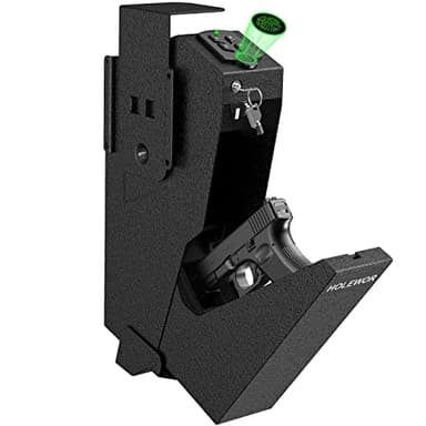 HOLEWOR Gun Safe, Biometric Gun Safe for Handgun Drop Down Pistol Safe Mounted Single Handgun Safe with Fingerprint, Passcode, Key Access for Nightstand, Desk, Bedside - Image 1