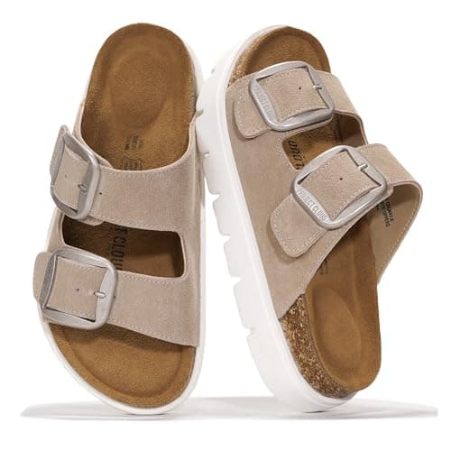 Project Cloud Genuine Leather Platform Sandals Women Footwear - Wedge Chunky Sandals Womens sandals with Memory Foam Insole and Cork Footbed (GREECECHUNKY, BEIGESU, 9) - Image 1
