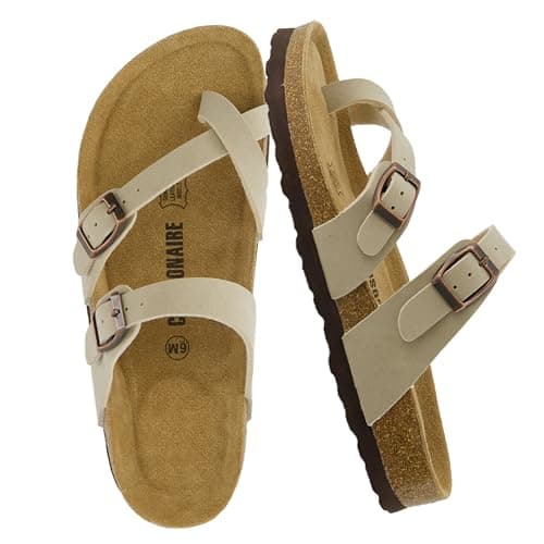 CUSHIONAIRE Luna Crossover Toe Strap Womens Sandals – Cork Footbed Slides with Adjustable Straps, Summer Sandals for Women 2025, STONE 9 - Image 1