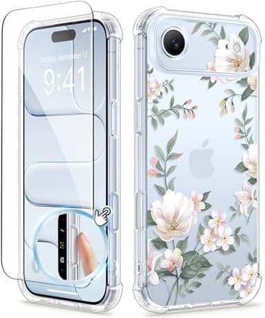 GVIEWIN for iPhone Air Case Floral, [Full Camera Protection] [Screen Protector] Slim Clear Flower Non Yellowing Shockproof Military Grade Women Phone Case for iPhone 17 Air 6.5", Magnolia/White - Image 1