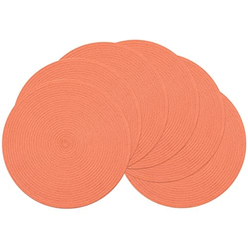 SHACOS Round Braided Placemats Set of 6 Washable Cotton Polyester Round Placemats for Kitchen Table 15 inch Round Table Mats (Coral, 6) - Image 1