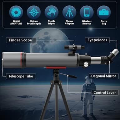 Telescope for Adults High Powered: Astronomy Telescopes for Observing The Moon and Stares - 90mm Aperture 600mm Refractor Telescope for Kids & Beginners - Telescopio with Phone Adapter Tripod - Image 7