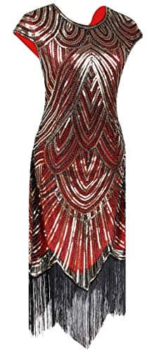 Women 1920s Vintage Flapper Fringe Beaded Gatsby Party Dress With 20s Accessories Set (XXL, Gold Red) - Image 2