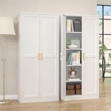 SteeLoong Kitchen Pantry Cabinet,71”White Metal Pantry Storage Cabinet with Doors and 4 Adjustable Shelves,Kitchen Cabinet with 2 Gold Handles,Tall Cabinet for Livingroom,Pantry, Bathroom,Kitchen - Image 8