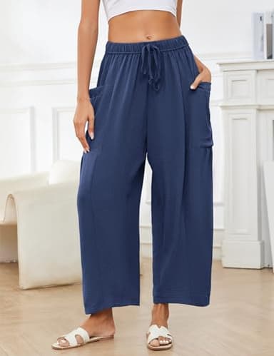Flygo Women's Wide Leg Pants Summer Casual Loose Fit Beach Palazzo Harem Pants with Pockets(NavyBlue-XXL) - Image 2
