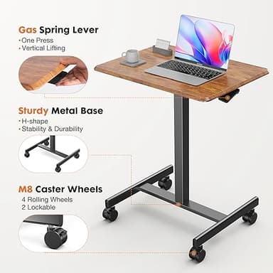 Sweetcrispy Mobile Small Standing Desk - Sit Stand Portable Rolling Laptop Desk with Lockable Wheels, Adjustable Height Computer Workstations, Brown - Image 5