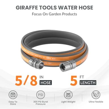 Giraffe Tools Garden Hose 5FT, 5/8" Lightweight Lay Flat Water Hose, Custom Length, Flexible, Leakproof Hybrid Hose Pipe with Male to Female Fitting - Image 2