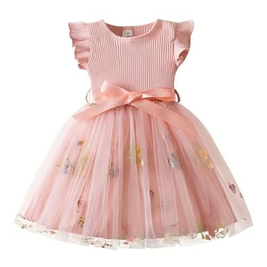 Nileafes Toddler Baby Girl Party Dress Floral Tutu Ruffle Sleeve Princess Cake Smash Photo Shoot Dresses Size 1Y (6-12 Months, 121-Pink) - Image 2