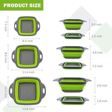 Aoeist 3 Packs Silicone Collapsible Strainer Silicone Collapsible Colanders For Easy Storage for Pasta & Veggies or as a Fruit or Berry Bowl, Normal, Green - Image 3
