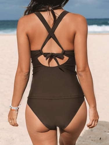 CUPSHE Women's Tankini Set Two Piece Swimsuit Mid Rise V Neck Crisscross Adjustable Straps Cutout Ruched, L Dark Brown - Image 2