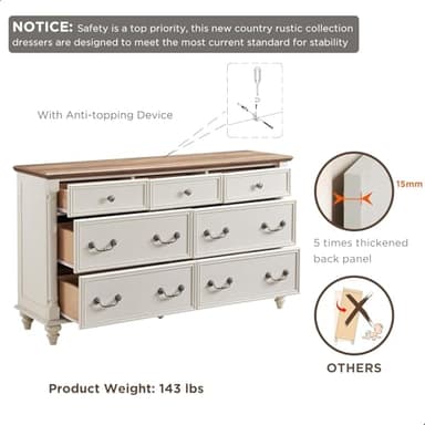 T4TREAM Farmhouse 7 Drawers Dresser Chests for Bedroom with 4 Solid Wood Feet, Tall Wide Wood Country Rustic Chest of Drawers, Storage Dressers for Bedroom, Living Room, Antique White - Image 7