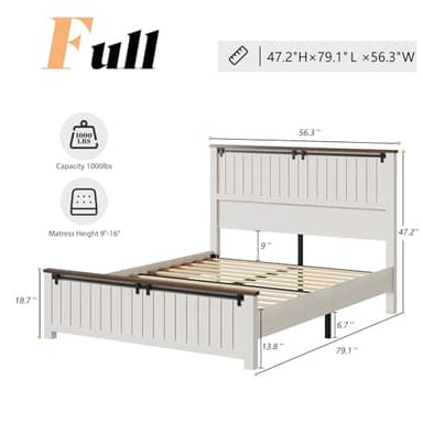 AMERLIFE Farmhouse Full Size Bed Frame with Sliding Barn Door, Wooden Rustic Platform Bed Frame with 47" Tall Headboard, Noise-Free, Solid Wood Slats & Metal Support, No Box Spring Needed, White - Image 2