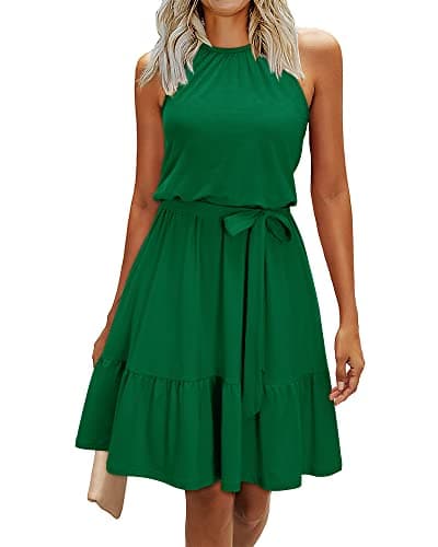 Newshows Women's 2025 Summer Dress Halter Casual Beach Vacation Outfits Hawaiian Dresses Ruffle Belted Sundress with Pockets(Dark Green, S) - Image 1