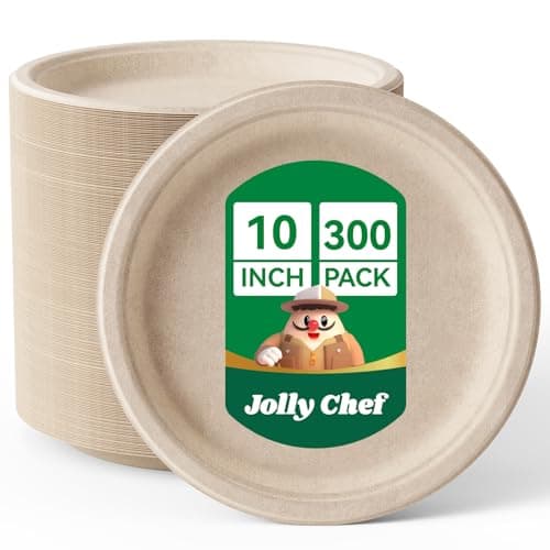 JOLLY CHEF Compostable Heavy Duty Plates 𝟭𝟬 𝗜𝗻𝗰𝗵 [𝟯𝟬𝟬 𝗣𝗮𝗰𝗸] Eco-Friendly Disposable Paper Plates Made of Bagasse Biodegradable Bulk for Party Dinner Sugarcane Fibers Round (Natural) - Image 1