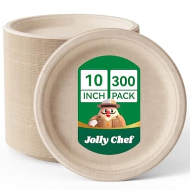 JOLLY CHEF Compostable Heavy Duty Plates 𝟭𝟬 𝗜𝗻𝗰𝗵 [𝟯𝟬𝟬 𝗣𝗮𝗰𝗸] Eco-Friendly Disposable Paper Plates Made of Bagasse Biodegradable Bulk for Party Dinner Sugarcane Fibers Round (Natural) - Image 1