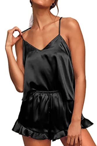 CHYRII Women's Sexy Ruffled Racerback Pajamas Sets Satin Silk Cami Shorts Sets Sleepwear Black S - Image 7