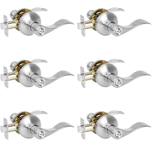 HOSOM 6 Pack Privacy Door Levers, Interior Door Handles for Bedroom and Bathroom, Wave Style Lever Handles Keyless, Satin Nickel Door Lock Reversible for Right & Left - Image 1