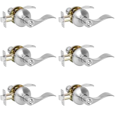 HOSOM 6 Pack Privacy Door Levers, Interior Door Handles for Bedroom and Bathroom, Wave Style Lever Handles Keyless, Satin Nickel Door Lock Reversible for Right & Left - Image 1