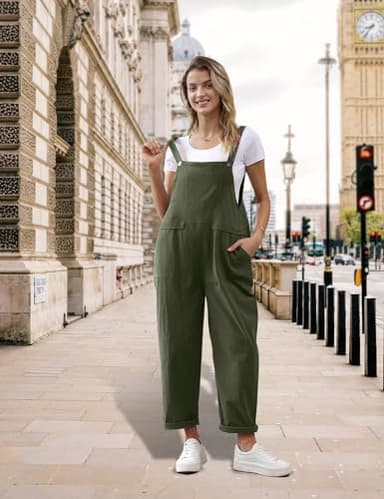 YESNO Women Long Casual Loose Bib Pants Overalls Baggy Rompers Jumpsuits with Pockets (XL PV9 Ash Green) - Image 2