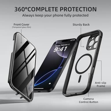 BERFY for iPhone 16 Pro Case, Compatible with MagSafe, Built-in Privacy Screen Protector and Camera Protection, Anti-Spy Full Body Shockproof Clear Phone Case for 16 Pro 6.3", Black - Image 9