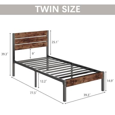 Fluest Twin Bed Frame with Headboard and Footboard, Metal Twin Bed Frame with Under Bed Storage, All-Metal Support System, No Box Spring Needed, Easy Assembly,Rustic Brown - Image 2