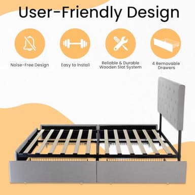 SHA CERLIN Upholstered King Size Platform Bed Frame with 4 Storage Drawers, Adjustable Headboard with Diamond Stitched Button Tufted Design, Wooden Slat Support, No Box Spring Needed, Light Grey - Image 7