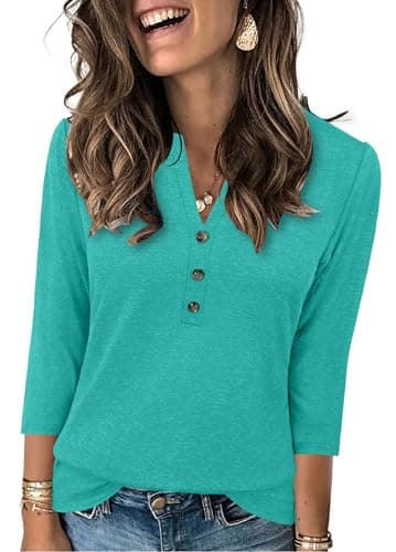 JomeDesign Womens Tops 3/4 Sleeve Shirts Loose Casual Blouses Basic T-Shirts Cyan - Image 2