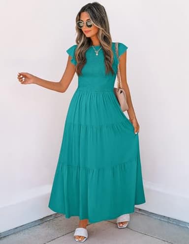 ZESICA Women's 2025 Summer Casual Flutter Short Sleeve Crew Neck Smocked Elastic Waist Tiered Midi Dress,Peacock,Medium - Image 5