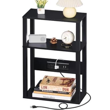 YUFAM 3-Tier Small Narrow Wood Side Table with Charging Station, Skinny Nightstand for Small Space, Slim Bedside Table with Storage for Couch, Thin End Table with USB Ports and Outlets, Black - Image 1
