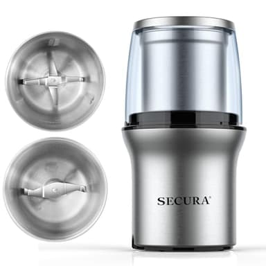 Secura Electric Coffee Grinder and Spice Grinder with 2 Stainless Steel Blades Removable Bowls - Image 1