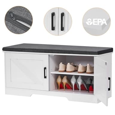 HOMSHO 2-Tier Storage Bench, 39.4" Wide Shoe Bench with Padded Seat Cushion, Entryway Bench with 2 Barn Doors and Adjustable Shelf, White - Image 6