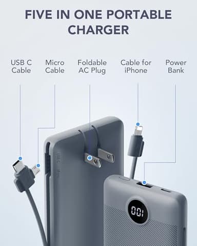 VRURC Portable Charger Built-in Cables and AC Wall Plug, USB C Power Bank 10000mAh, Travel Battery Portable Phone Charger Compact Lightweight External Battery Pack for Smart Phones, Tablets etc-Grey - Image 2