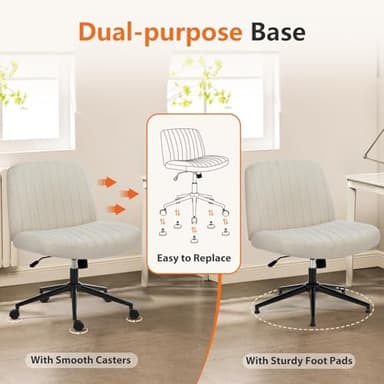 Sweetcrispy Criss Cross Chair Legged, Armless Office Desk Chair with Wheels, Swivel Vanity Height Adjustable Wide Seat Computer Task Seating - Beige - Image 8