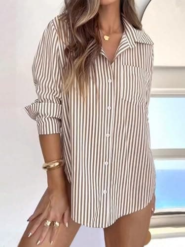 siliteelon Striped Button Down Shirts for Women Dress Shirts Long Sleeve Casual Collared Office Work Shirt with Pocket Brown and White - Image 2
