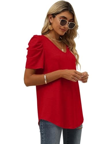 V Neck T Shirts Women Puff Sleeve Tops for Women Short Sleeve Shirts Spring Clothes Red M - Image 3