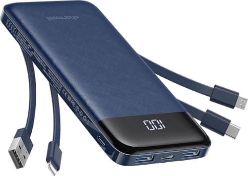 charmast Portable Charger with Built in Cables, Power Bank with Cords Wires, Slim 10000mAh Travel Battery Pack 6 Outputs 3 Inputs 3A Fast Charging for Samsung Google Pixel LG Moto iPhone iPad - Image 1