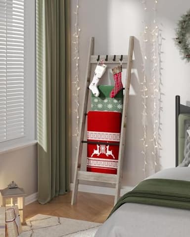 Hzuaneri Blanket Ladder for Living Room, Decorative Quilt Rack with 4 Removable Hooks, 5-Tier Farmhouse Ladder Holder Shelf Organizer for Bedroom, Greige and Black BR02105B - Image 7