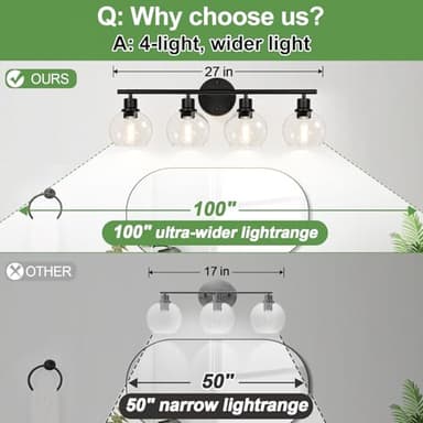 2025 Upgrade 4-Light Bathroom Light Fixtures, Black Bathroom Lights Over Mirror with Clear Glass Globe Shade, Vanity Lights for Bathroom Kitchen Living Room Hallway Cabinet Bedroom Porch - Image 4